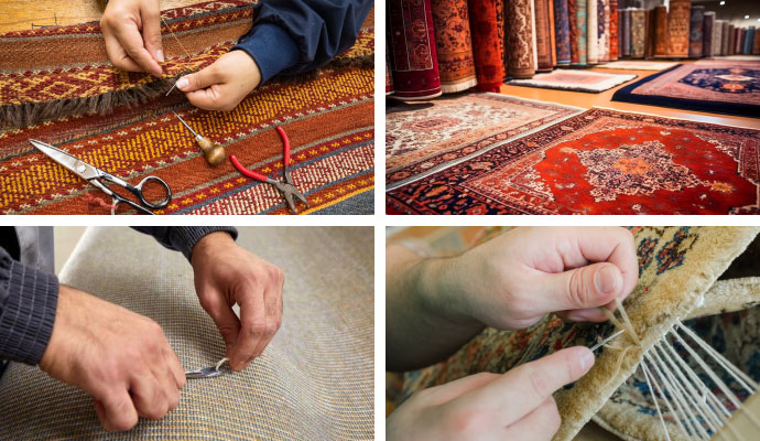 Collage of fringe, backing, patching, repair and rugs on the floor
