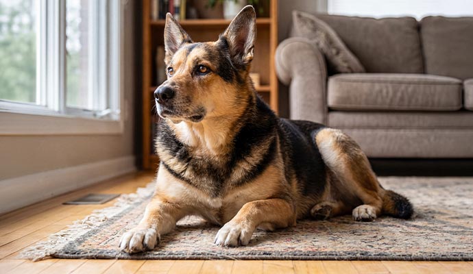 Dog relaxing on oriental rug
