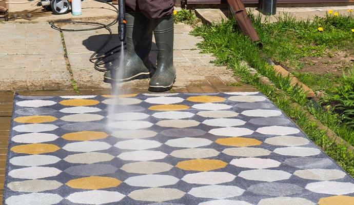 Power washing rug outdoors