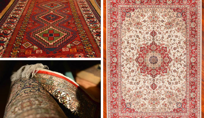 Collage of Persian, silk, antique rug.