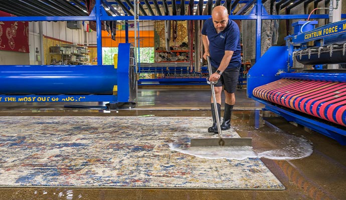An expert cleaning rug using advanced equipment