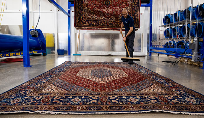 Technician cleaning area rug