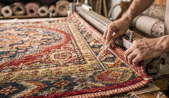 Technician repairing the edge binding of oriental rug