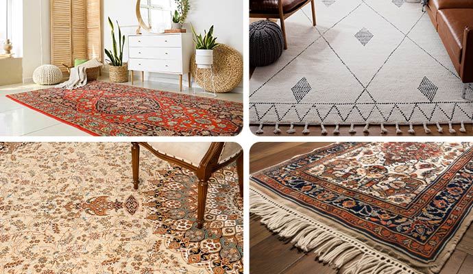 A collage of various high-quality indoor rugs, including Oriental, Persian, Silk, and Turkish styles, professionally cleaned in DFW