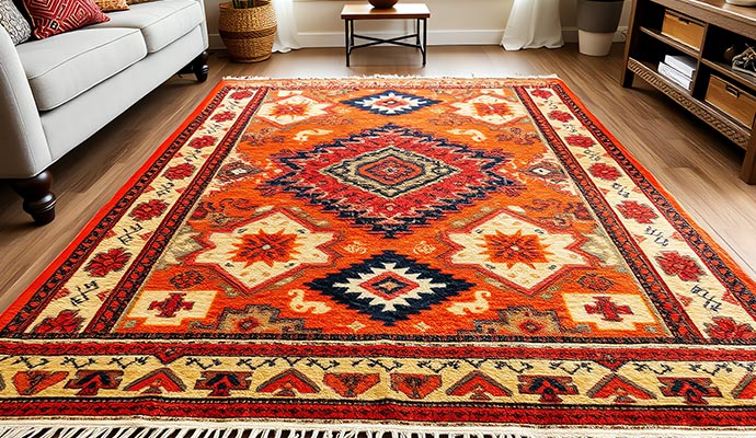 Vibrant geometric patterned area rug with rich color and border details